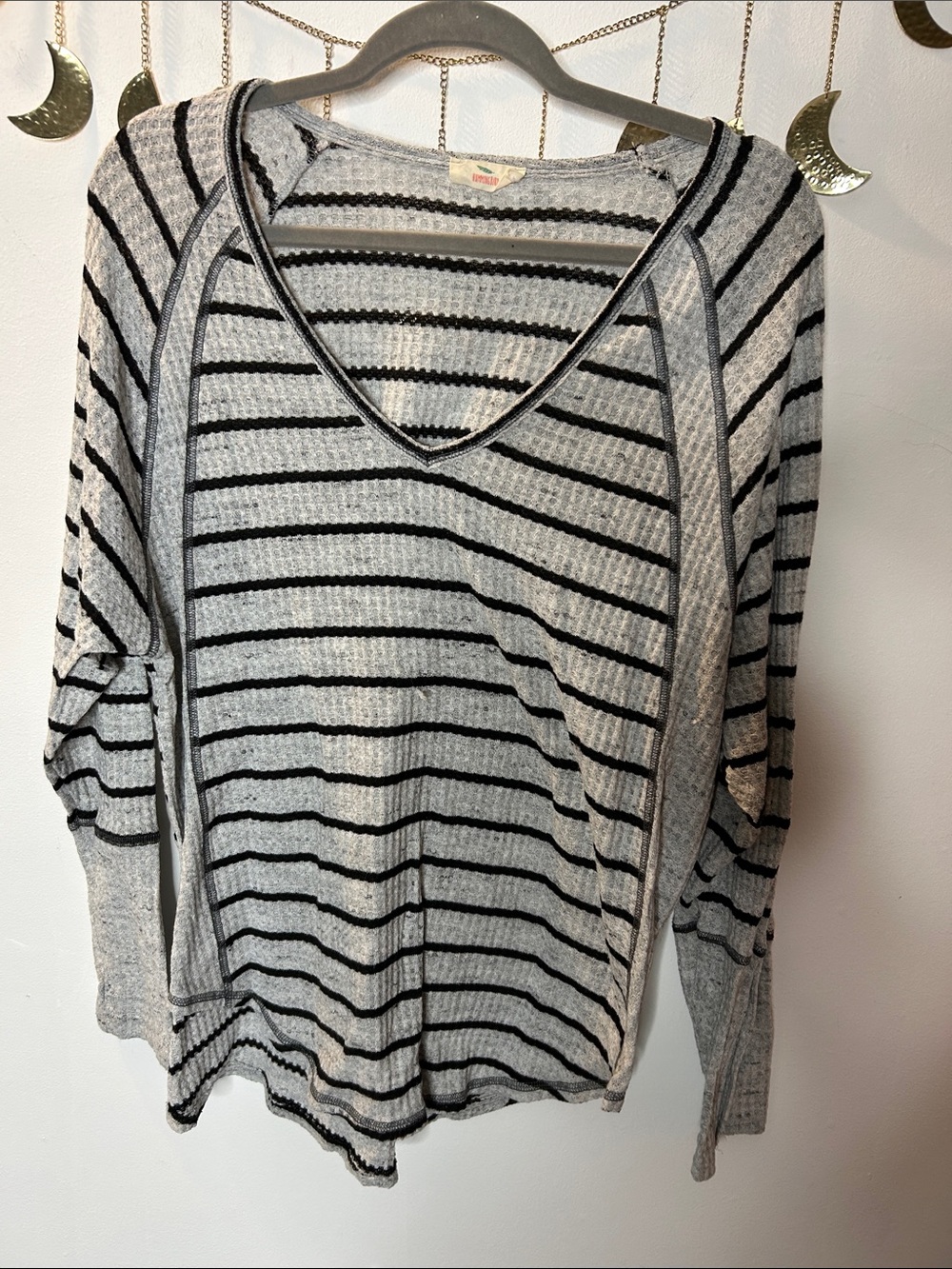 Hummingbird Light Gray and Black Striped V-Neck Long Sleeve Top